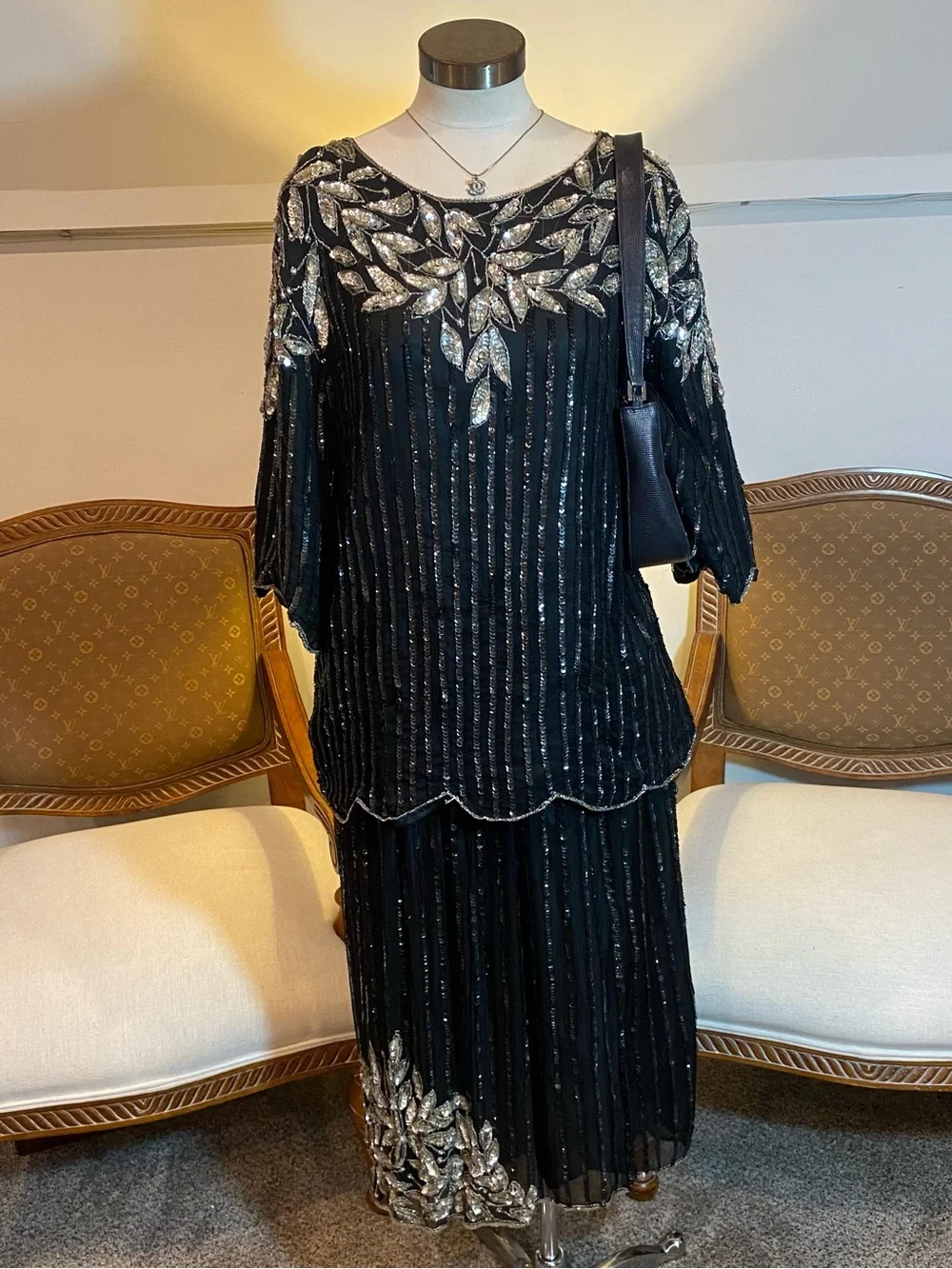 Vintage 70s Glam Black Beaded Sequined Skirt Set with Silver Leaf Embellishments